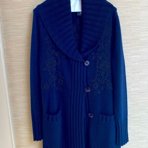 sonia BOGNER Navy blue overlay embroidery long après-ski cardigan -size 8 - Picture 1 of 12